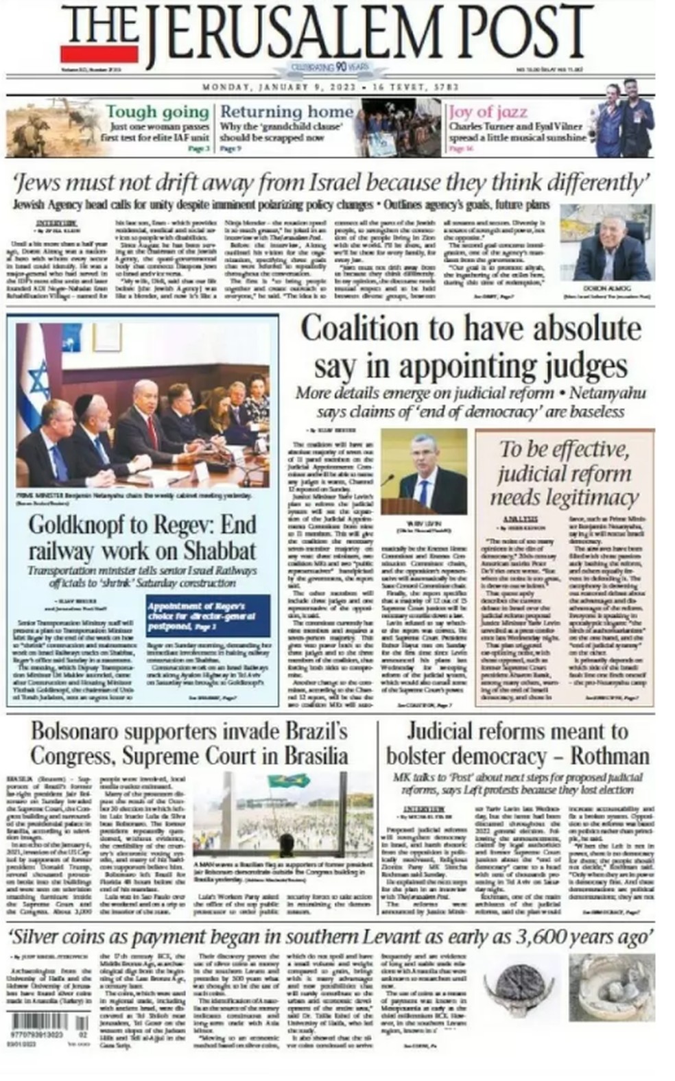 Capa do jornal The Jerusalem Post, de 9 de janeiro de 2023.  — Foto: Reprodução 