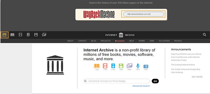 Busca por páginas web no acerto do Internet Archive (Foto: Reprodução/Barbara Mannara)