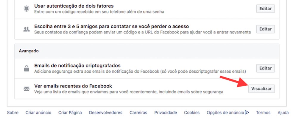 Ação para visualizar a lista de e-mail recentes enviados pelo Facebook (Foto: Reprodução/Marvin Costa)