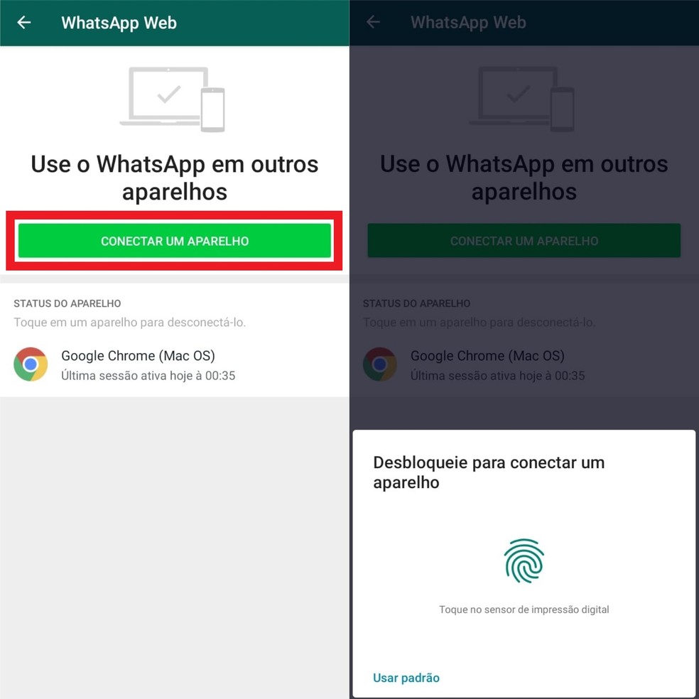 Conectando um novo aparelho e desbloqueando no celular para scanear o QR Code do WhatsApp Web — Foto: Reprodução/Clara Fabro
