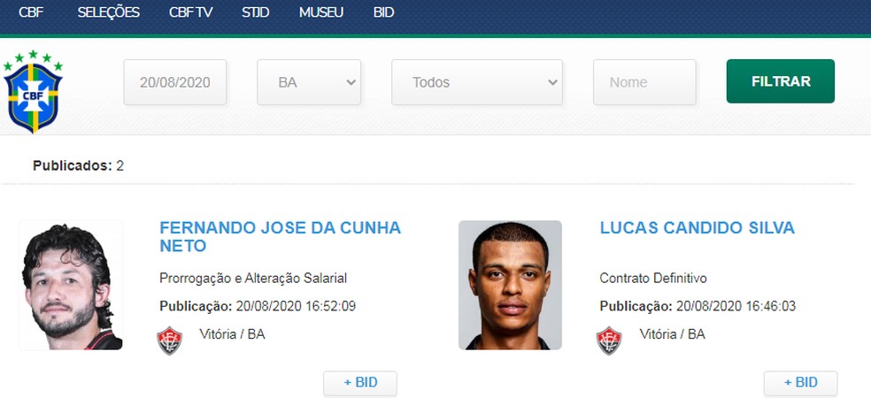 Contrato de Lucas Cândido aparece no BID — Foto: Reprodução / CBF
