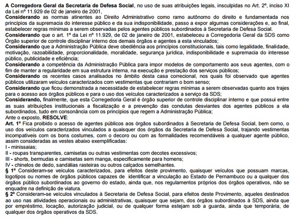 Texto da corregedoria trata de vestimentas dos agentes de segurança pública em Pernambuco em serviço (Foto: Boletim-Geral da Secretaria de Defesa Social)