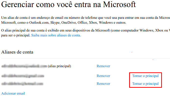 Colocando o novo e-mail como o principal da conta Microsoft (Foto: Reprodução/Edivaldo Brito)
