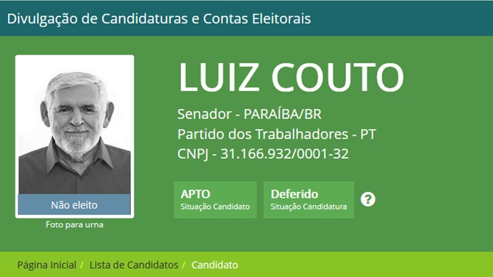 Luiz Couto foi candidato ao senado pelo PT e ficou em terceiro lugar na vota&ccedil;&atilde;o das Elei&ccedil;&otilde;es 2018 &mdash; Foto: Reprodu&ccedil;&atilde;o