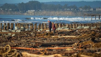 Pessoas caminham entre troncos de madeira e detritos de uma tempestade na Praia do Rio Del Mar, em Aptos, Califórnia — Foto: Nic Coury / AFP