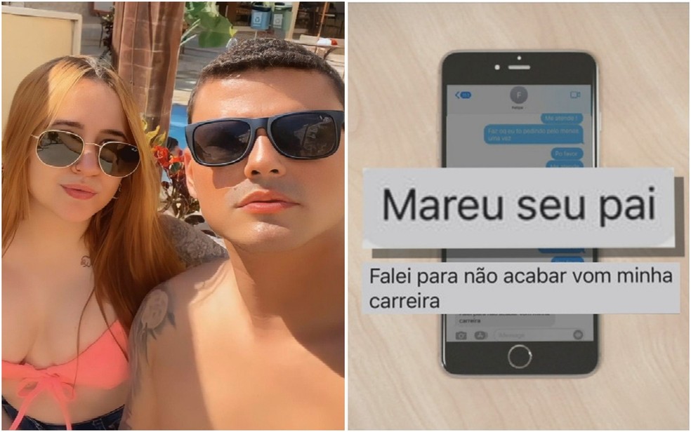 Kênnia Yanka mostra mensagem enviada pelo então namorado, Felipe Gabriel Jardim, logo após matar o pai em farmácia de Goiânia, Goiás — Foto: Reprodução/TV Anhanguera
