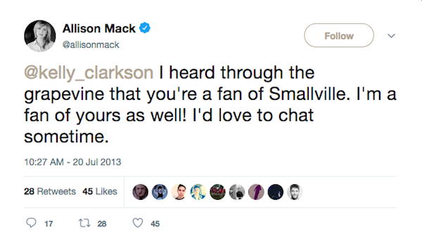 A mensagem enviada por Allison Mack à cantora Kelly Clarkson (Foto: Twitter)