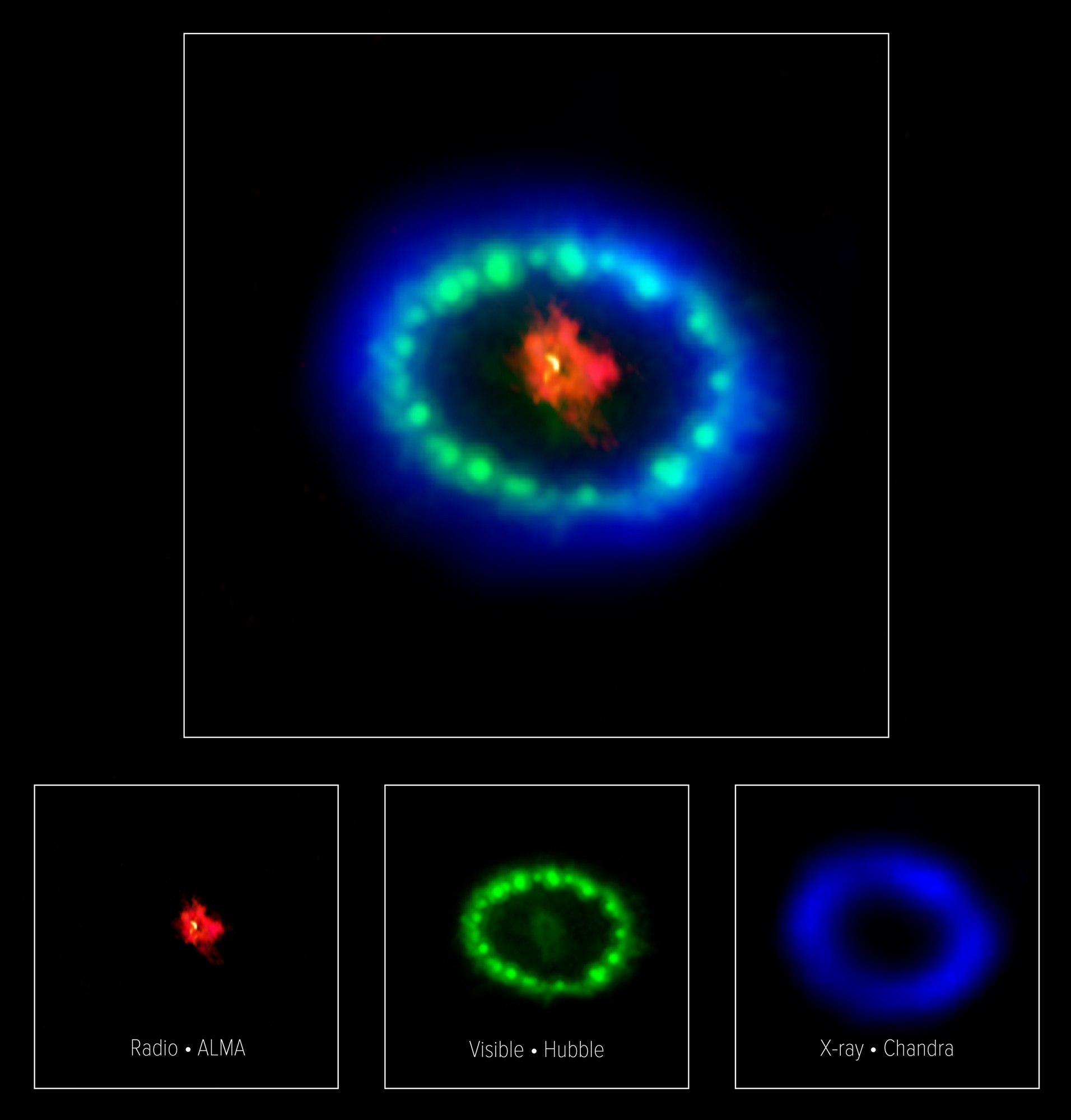 A mancha detectada pelos astrônomos. Acima cada cor representa sua detecção por um aparelho diferente (Foto: ALMA (ESO/NAOJ/NRAO), P. Cigan and R. Indebetouw; NRAO/AUI/NSF, B. Saxton; NASA/ESA)