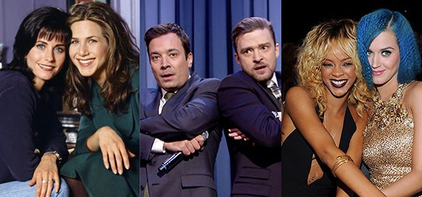 Jennifer Aniston e Courteney Cox, Jimmy Fallon e Justin Timberlake, Rihanna e Katy Perry (Foto: Divulgação / Getty Images)