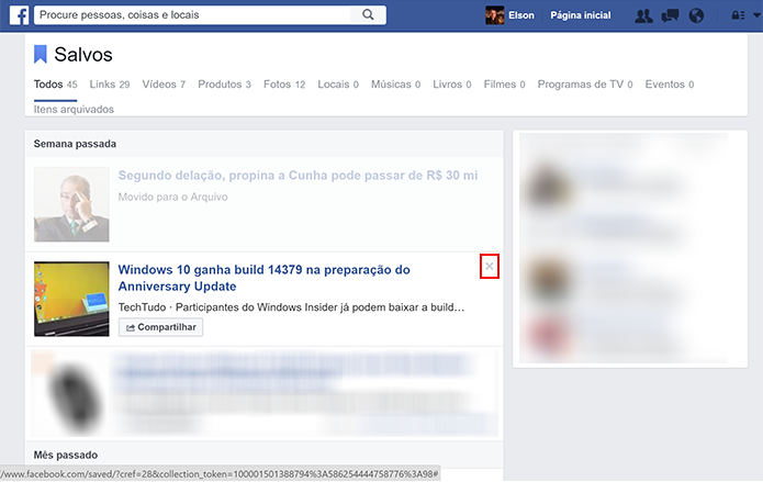 Facebook permite que usuário arquive link salvo quando terminar de ler (Foto: Reprodução/Elson de Souza)