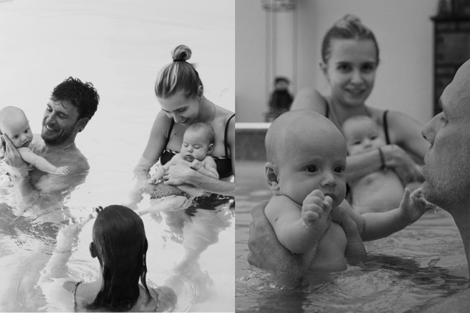Isa Scherer mostra primeiro banho de piscina dos gêmeos, Bento e Mel