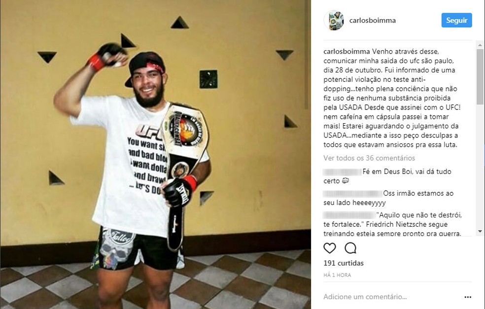 Em rede social, Carlos Boi negou utilização de substâncias proibidas pela USADA (Foto: Reprodução/Instagram)
