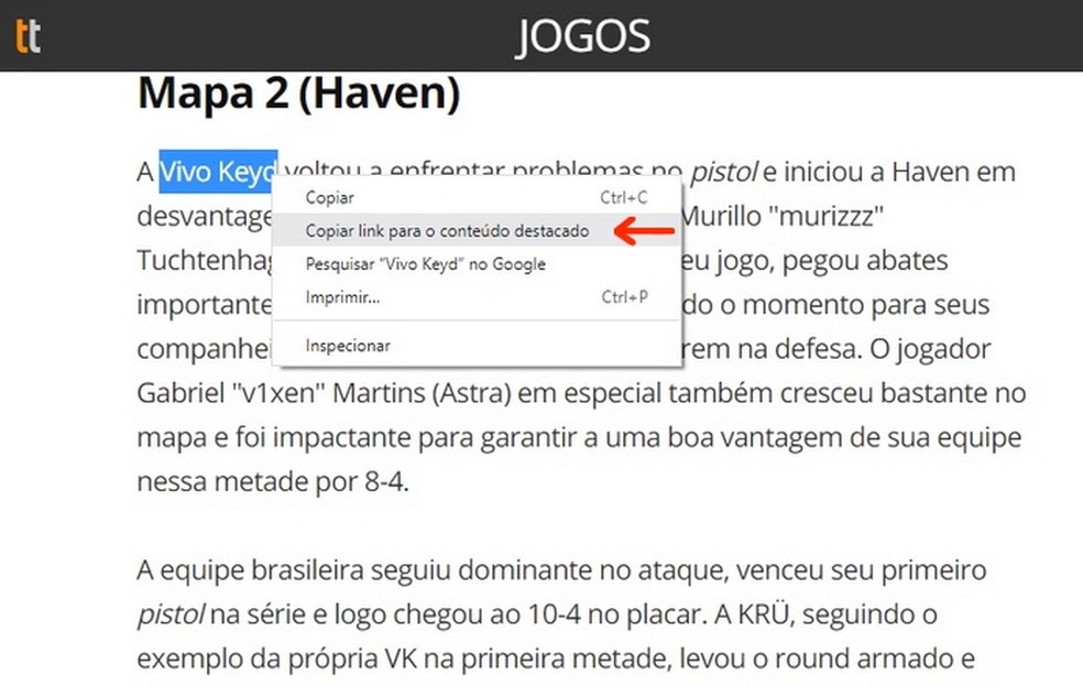 Chrome cria links de conteúdos destacados para facilitar compartilhamento de texto — Foto: Reprodução/Raquel Freire