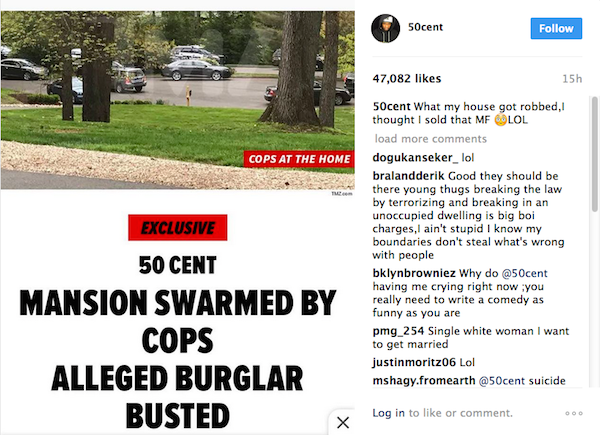 O post de 50 Cent no Instagram fazendo piada com a invasão em sua casa (Foto: Instagram)