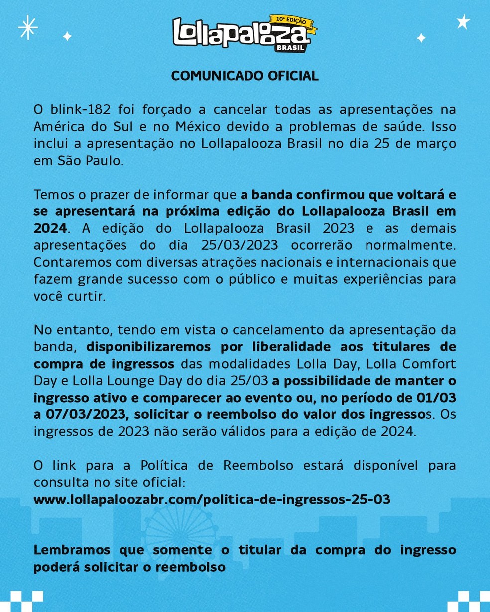 Comunicado do Lollapalooza Brasil — Foto: Instagram