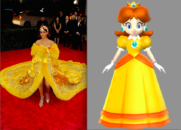 Rihanna com o vestidão do Me Gala 2015 e a princesa Daisy (Foto: Reprodução)