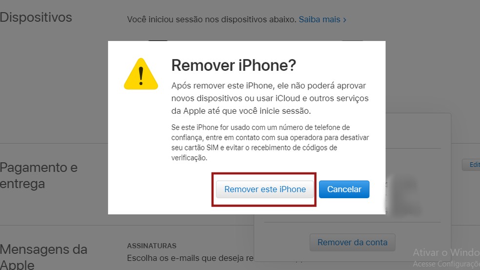 Removendo iPhone da conta iCloud — Foto: Beatriz Maxima/TechTudo