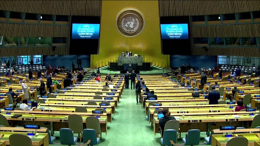 Auditório da ONU para Assembleia Geral, em 2020 — Foto: GloboNews/Reprodução