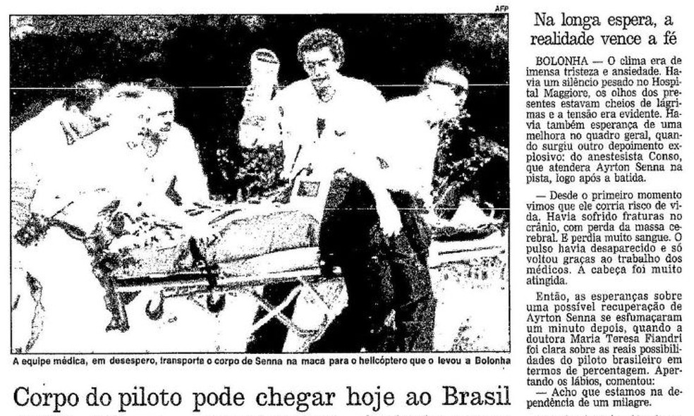 Reportagem publicada em 2 de maio de 1994, um dia após a morte de Ayrton Senna, no jornal O Globo — Foto: Acervo O Globo
