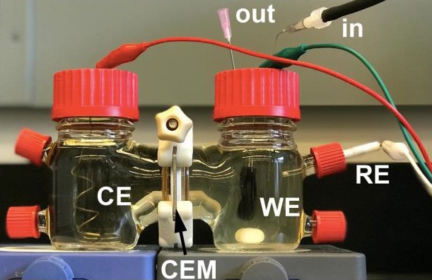 Uma bateria microbiana feita com bactérias eletrogênicas recém-descobertas. Eletrodos (CE, WE) são colocados em frascos cheios de bactérias, produzindo até meio milivolt de eletricidade. (Foto: Ajo-Franklin)