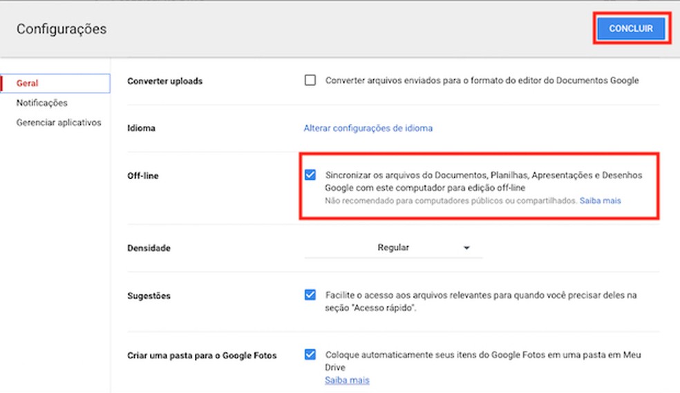 Configurações para tornar o Google Docs disponível off-line — Foto: Reprodução