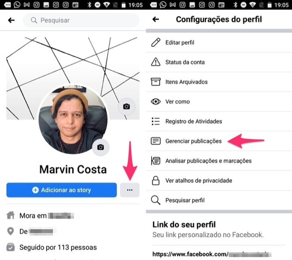 Ação para acessar a ferramenta para gerenciar posts do Facebook pelo celular — Foto: Reprodução/Marvin Costa