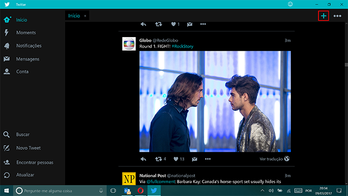 Clique no botão + para abrir nova aba no Twitter para Windows 10 (Foto: Reprodução/Elson de Souza)
