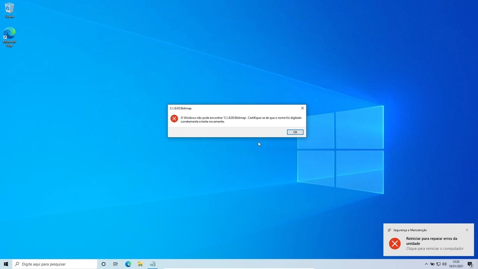Erro no Windows pede que usuário reinicie o computador para reparar a unidade de armazenamento — Foto: Reprodução