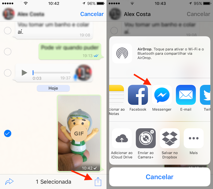 Opção para compartilhar no Messenger uma GIF criada no WhatsApp para iPhone (Foto: Reprodução/Marvin Costa)