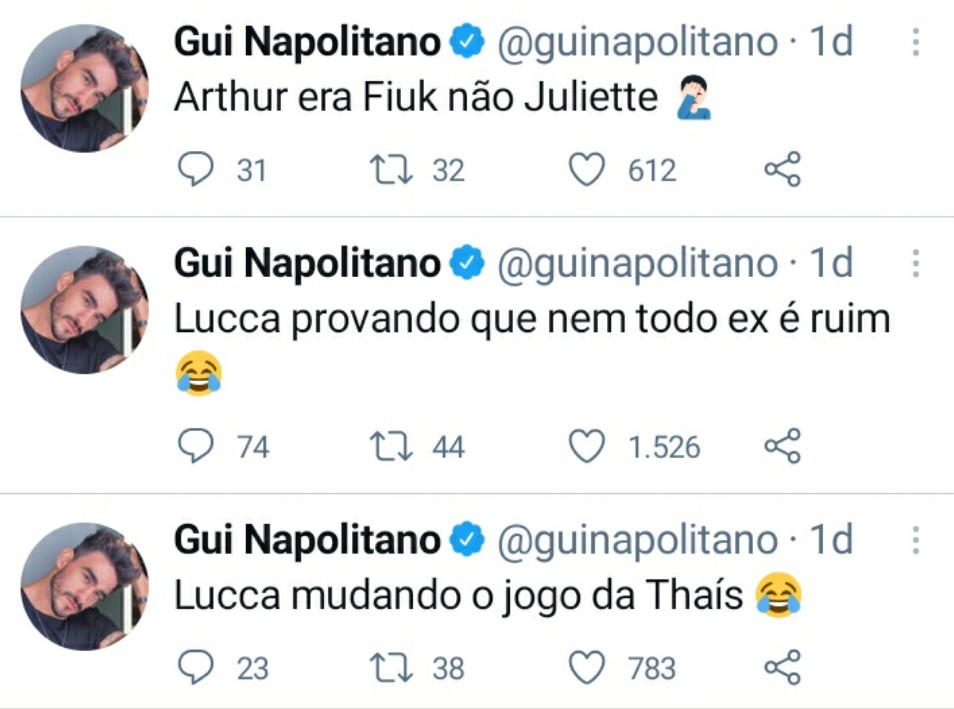 Guilherme Napolitano diz que sua preferência era de que líder Arthur indicasse Fiuk, não Juliette (Foto: Reprodução/Twitter)