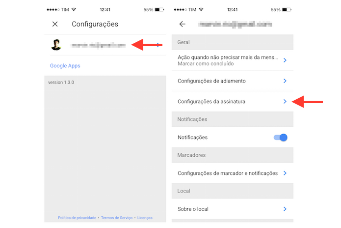 Acessando as configura??es de assinatura do Inbox for Gmail para iPhone (Foto: Reprodu??o/Marvin Costa)