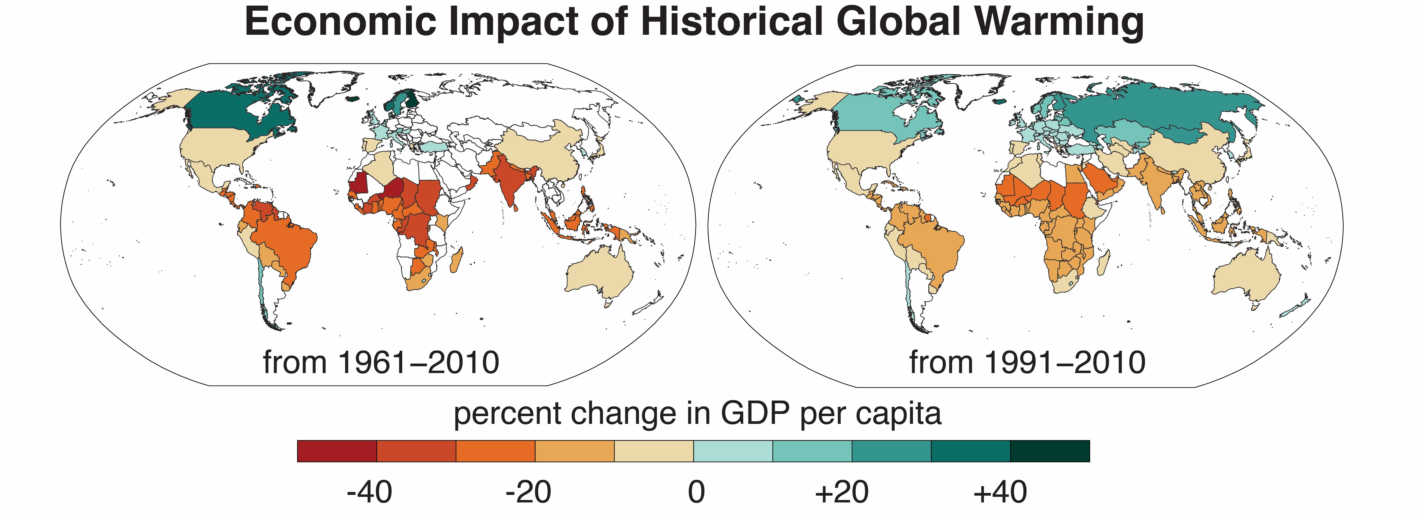 Mapa mostra efeito das mudanças climáticas nas economias (Foto: Noah Diffenbaugh e Marshall Burke)