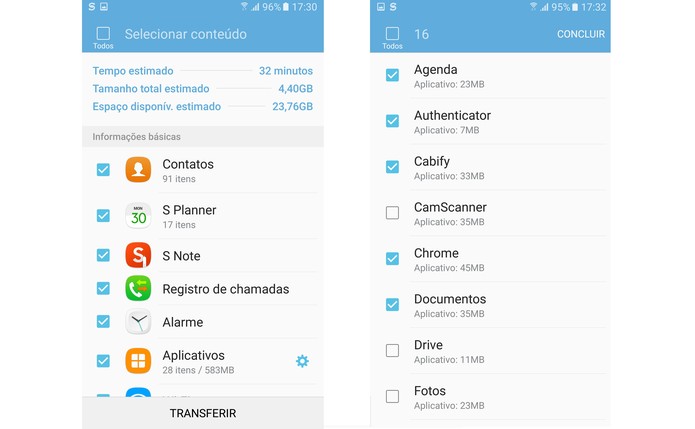 Escolha quais dados e aplicativos quer transferir para o Galaxy S7 (Foto: Reprodução/Isabela Giantomaso)