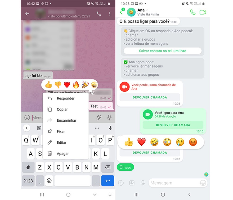 É possível reagir a mensagens nos mensageiros Telegram e ICQ — Foto: Reprodução/Marcela Franco