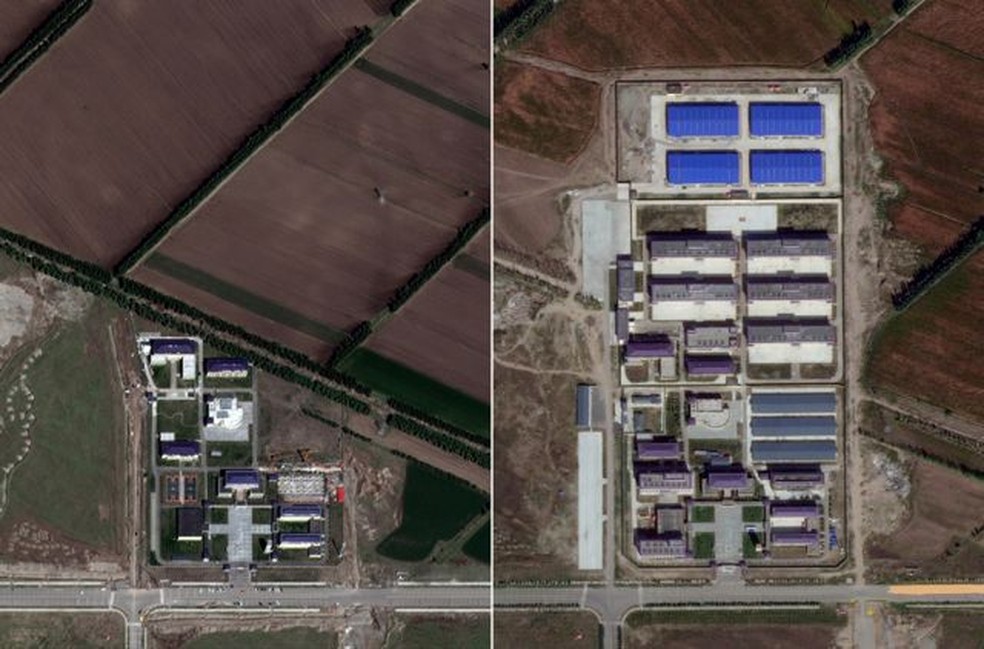 Ziawudun identificou este local (listado como uma escola) como o lugar onde foi mantida. Imagens de satélite de 2017 (esquerda) e 2019 (direita) mostram um desenvolvimento significativo típico de acampamentos, com o que parecem dormitórios e edifícios de fábricas — Foto: Maxar via BBC