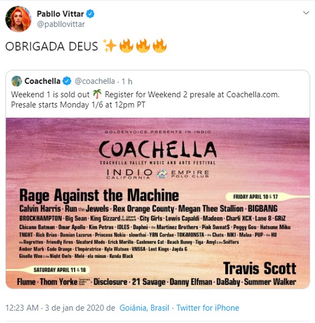 Pabllo Vittar comemora show confirmado no Coachella 2020 (Foto: Reprodução/Twitter)