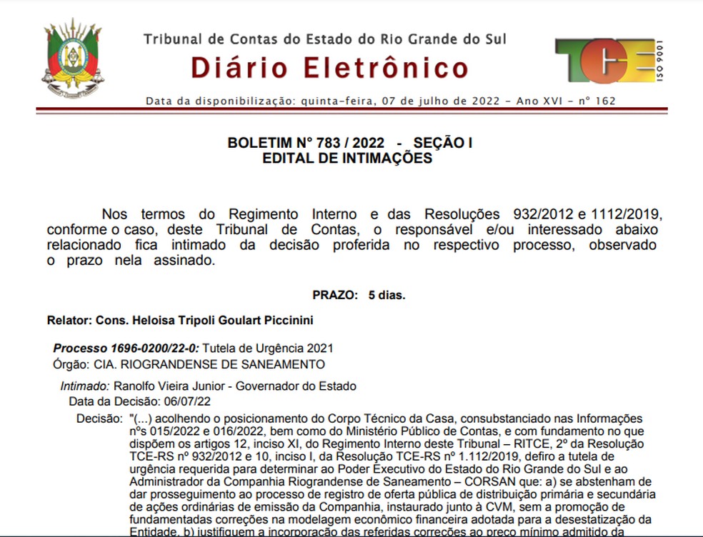 A decisão foi publicada pelo Tribunal de Contas nesta quinta-feira — Foto: Reprodução