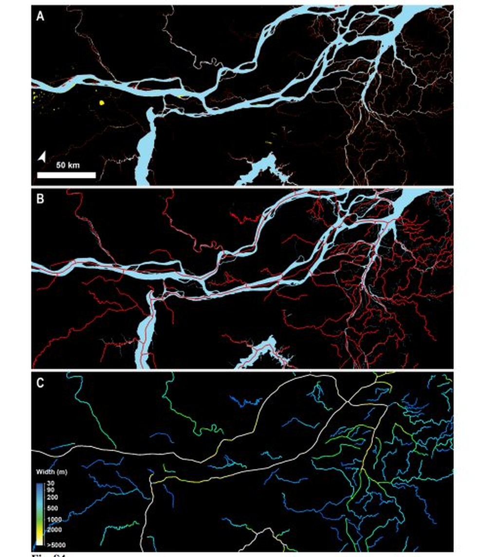 Imagem mostra como o software da pesquisa trabalha; esta imagem Ã© o mapeamento de trecho do Rio Amazonas (Foto: DivulgaÃ§Ã£o/Science)