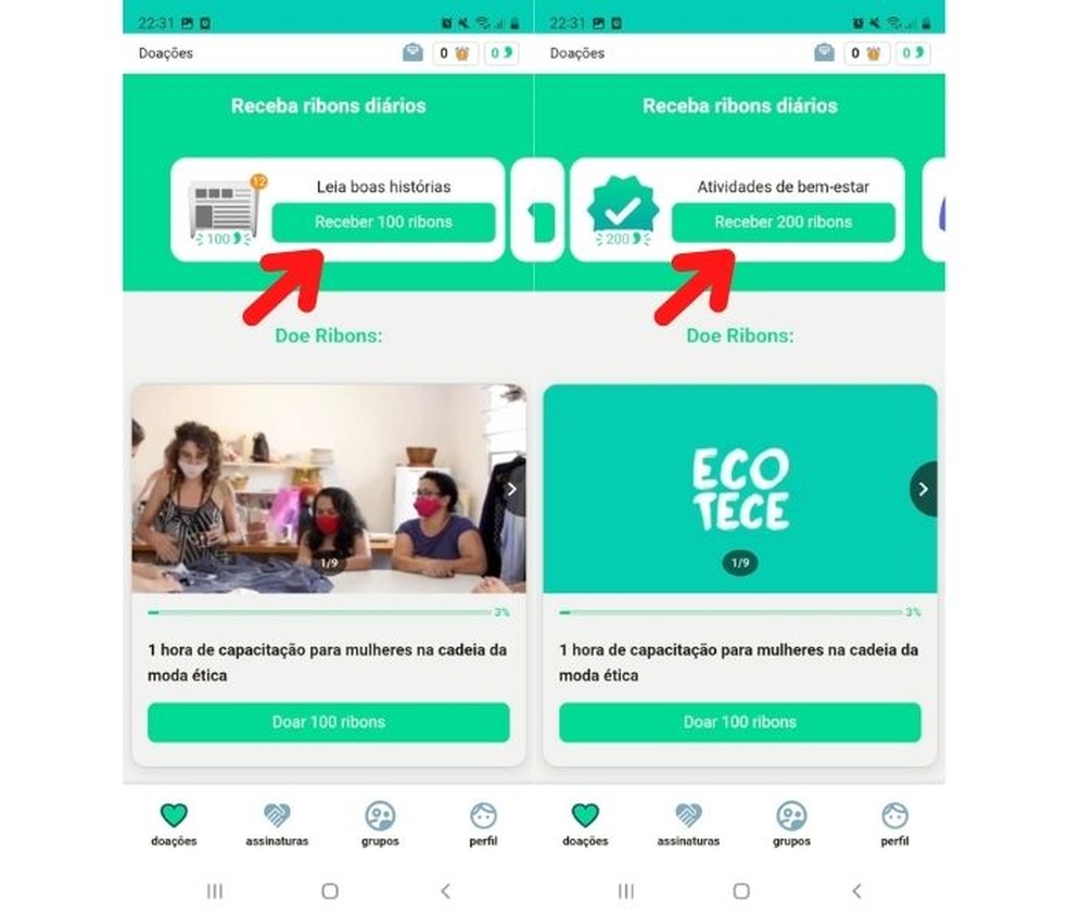 O Ribon oferece várias formas de obter o crédito virtual para doações — Foto: Lucas Santos/TechTudo