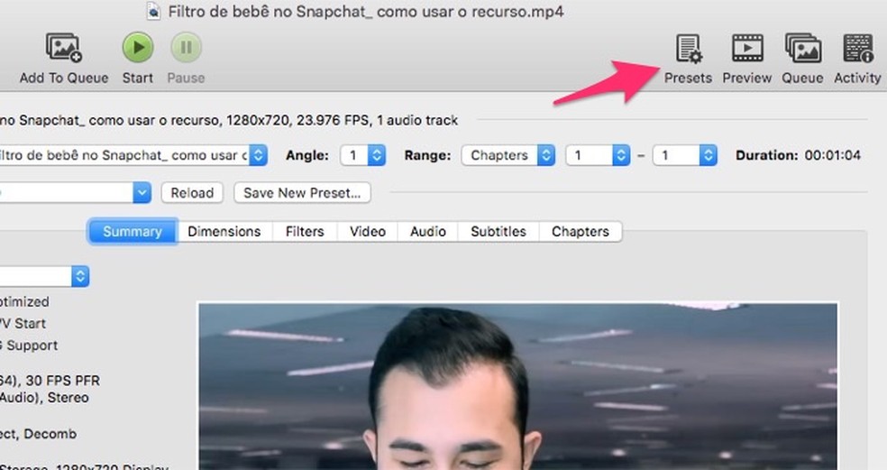 Ação para visualizar os presets de conversão para vídeos do software HandBrake — Foto: Reprodução/Marvin Costa