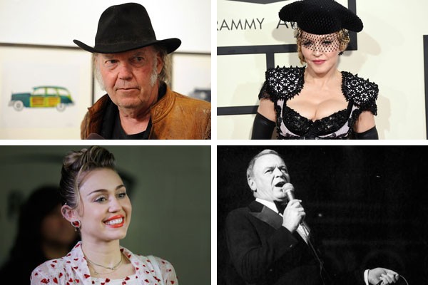 Neil Young, Madonna, Miley Cyrus e Frank Sinatra fazem parte do grupo que consideram (ou consideravam) alguma música de seu portfólio uma verdadeira pedra no sapato  (Foto: Getty Images)