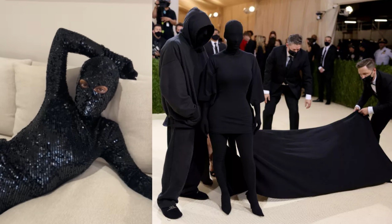 Pete Davidson, à esquerda, brinca com look similar ao de Kim Kardashian, à direita com o diretor criativo da Balenciaga, Demna Gvsalia (Foto: Reprodução Instagram / Getty Images)