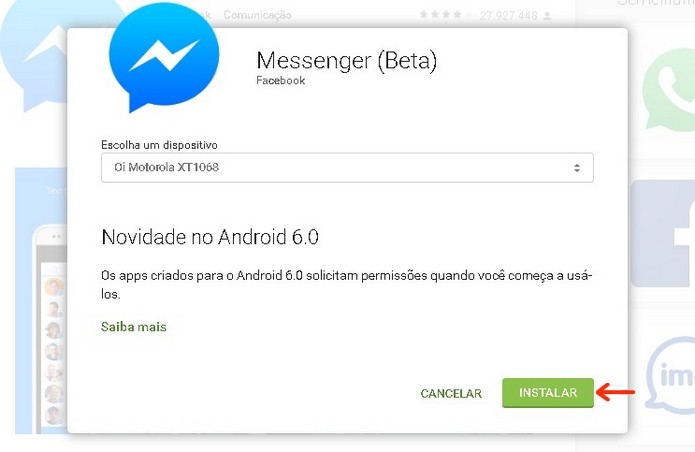 Janela para seleção de dispositivo onde será instalado Messenger Beta (Foto: Reprodução/Raquel Freire)