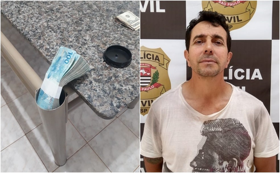 Dinheiro foi encontrado em pé de mesa de sítio em Tejupá (SP) onde Luciano Castro de Oliveira, o 'Zequinha', foi encontrado e preso — Foto: Polícia Militar/Divulgação