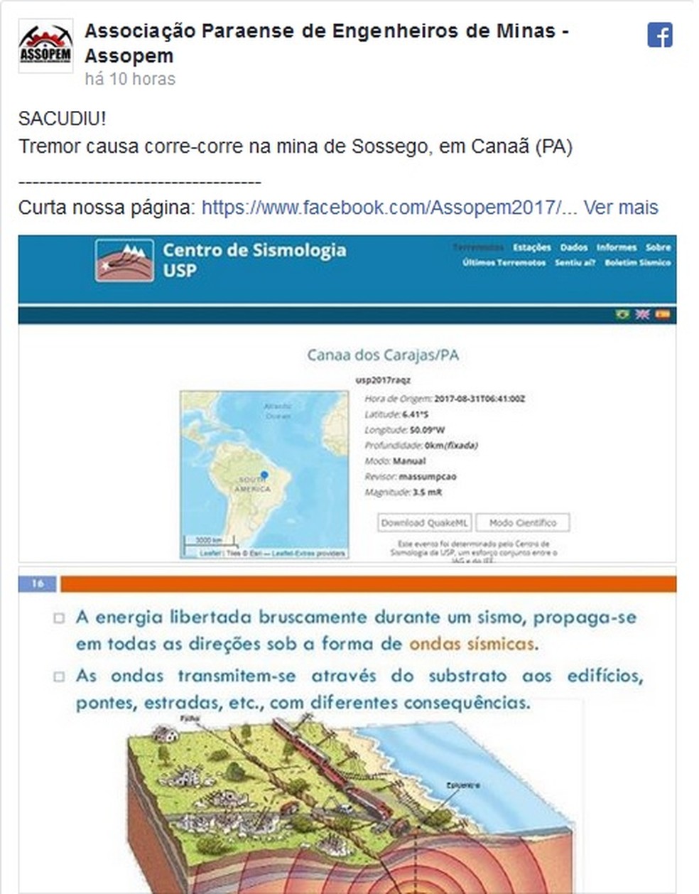 Associação Paraense de Engenheiros de Minas registrou em sua página oficial em uma rede social que seus trabalhadores sentiram o tremor de terra em Canaã dos Carajás nesta quinta-feira (31). (Foto: Reprodução)