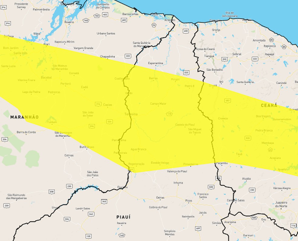 Inmet emite alerta de perigo de chuvas intensas para o Litoral do Piauí; mais 67 cidades estão sob alerta amarelo — Foto: Reprodução