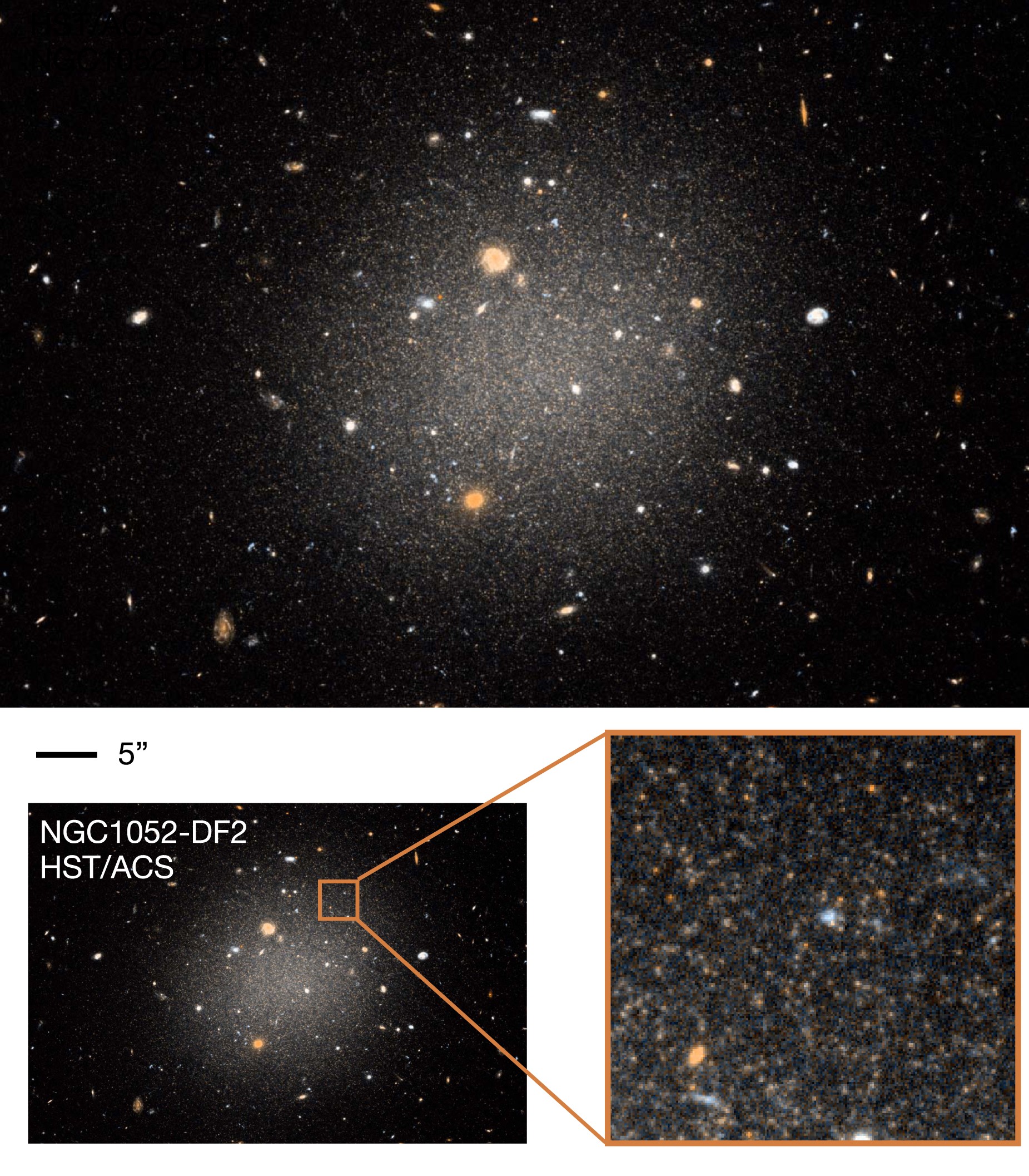 Imagem da galáxia NGC 1052 – DF2 obtida pela Câmara Avançada para Pesquisa do telescópio espacial Hubble, da Nasa (Foto: Astrophysical Journal Letters)