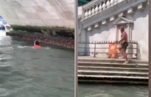 Turistas alemães são flagrados nadando no Grande Canal de Veneza (Foto: Reprodução )
