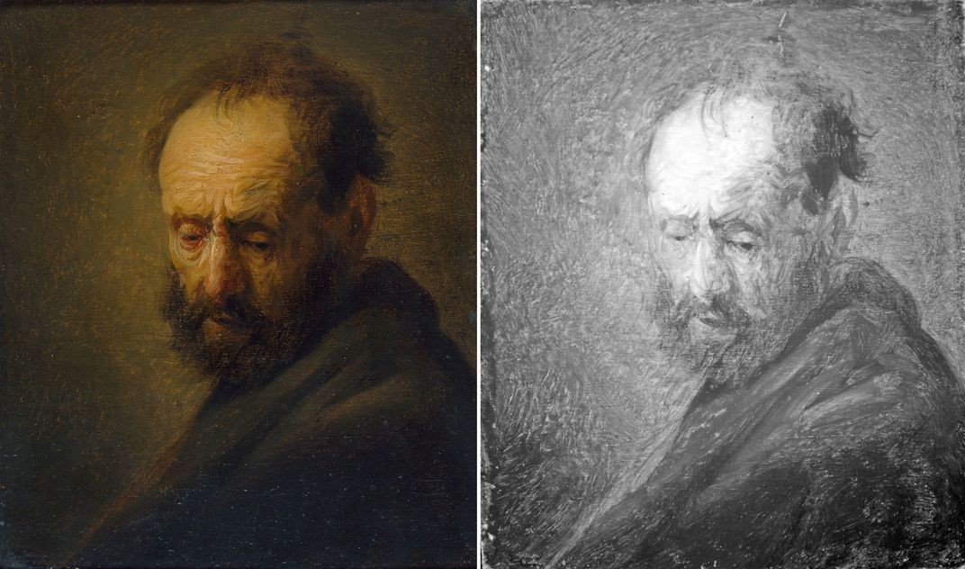 Pintura considerada falsa pode ser, na verdade, um Rembrandt. À esquerda, o quadro, à direita, análise em infravermelho que indica retoques posteriores na obra (Foto: Ashmolean Museum/University of Oxford)