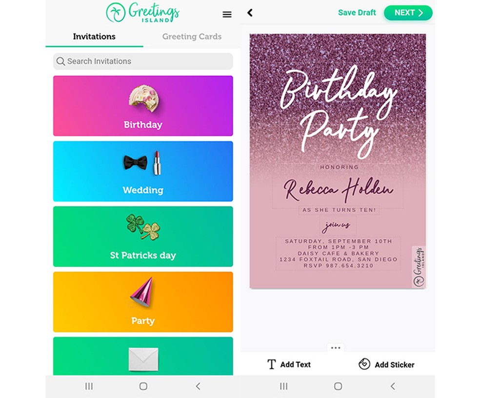 Aplicativo Greetings Island divide os modelos de convite em categorias — Foto: Reprodução/Marcela Franco